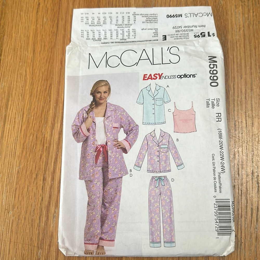 Uncut sewing pattern McCalls M5990 women’s top, camisole, pants nightwear